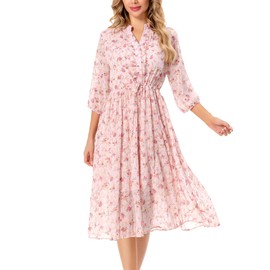 Shineflow Women's Short Sleeve V-Neck 3/4 Sleeve Button Up Chiffon Floral Pleated Midi Swing Dress with Belt (Pink,M)