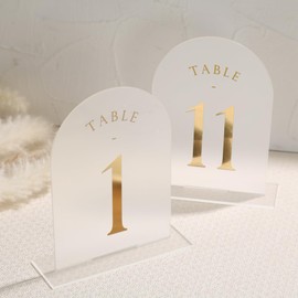 UNIQOOO Frosted Arch Wedding Table Numbers with Stands 1-15, Gold Foil Printed 5x7 Acrylic Signs and Holders, Perfect for Centerpiece, Reception, Decoration, Party, Anniversary, Event