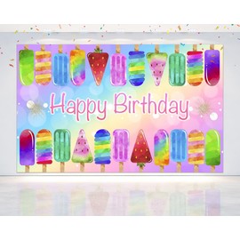 Colorful Popsicle Happy Birthday Backdrop - 5x3 FT Watercolor Ice Lolly Birthday Party Background Banner