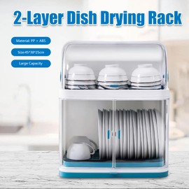 WPORDE 2 Tier Dish Drying Rack, Plastic Drain Storage Box Basket Cutlery Holder Utensil Organizer with Lid and Detachable Drip Tray, Drain Board Cover Kitchen Dish Drainer, Blue + White