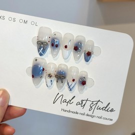 TENPAL Press on Nails 10Pcs with Full Kit - Medium Almond Light Blue White French Fake Nails with Cherry, 3D Charms Bow Rhinestone Summer Nails, Sweet Girls False Nails Cute Design Glue on Nails(S)