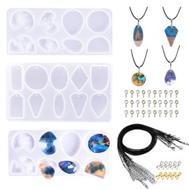 Cayway 3 Pcs Resin Necklace Moulds for Resin Casting Silicone Pendant Moulds with Necklace Cord and Pendant Clip Screw for Jewellery Making DIY Resin Craft Starter Kit