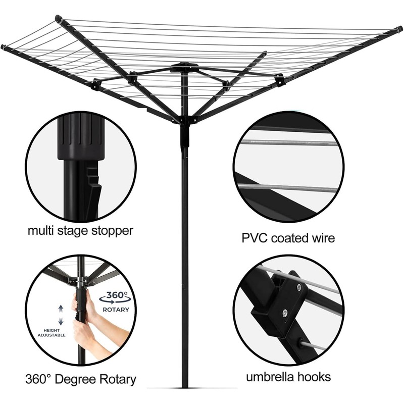 Outdoor Umbrella Clothesline, 165 Feet Heavy Duty Rotary Dryer with