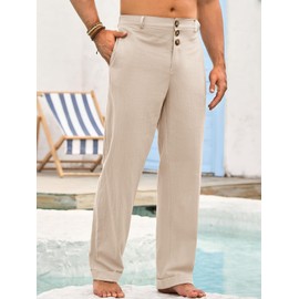 Runcati Mens Cotton Linen Pants Elastic Waist Casual Lightweight Loose Fit Beach Yoga Pants Beige
