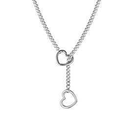 Heart O Ring Slip Chain Choker Necklace for Women Stainless Steel Cuban Chain Heart Y-shape Necklace Punk Rock Collar Necklace Adjustable Lariat Y Necklace for Men (Silver)
