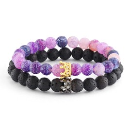POSHFEEL 8mm Natural Stone CZ Micro Pave Crown King Queen Beads His and Hers Couple Bracelet, 7.5" (Black&Purple-2)