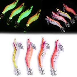 Keenso 4Pcs Fishing Shrimps, Squid Jig Soft Luminous Plastic Shrimp Bait Artificial Squid Shrimp Jig Jigging Lures Night Dawn Fishing