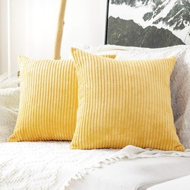 MUDILY Pack of 2 Throw Pillow Covers Striped Velvet Corduroy Couch Pillow Cushion Covers Pillowcases for Sofa Bedroom Car, Light Yellow 18 x 18 inch 45 x 45 cm