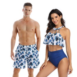 Ulikeey Couples Matching Swimsuit High Waist, Blue Coconut Trees, Beach Bathing Matching Swimwear