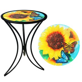 J-Fly 12 Inch Outdoor Side Table, Round Patio Accent Indoor End Table with Glass Top & Metal Base for Living Room, Office, Balcony, Sunflower Butterfly Indoor Furniture Decor(20" Height)