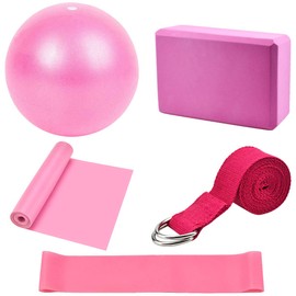 Yoga Starter Kit 5Pcs Yoga Blocks and Strap Set Pilates Ball Yoga Brick Exercise Resistance Loop Band Stretching Strap Pilates Belt yoga Equipment and Accessories for Home,Gym,Yoga Training (Pink)