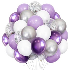 Metallic Purple Silver Balloons, 30 Pack 12 Inch Pastel Purple White Metallic Purple Silver Confetti Helium Latex Balloons for Queen Birthday Party Baby Shower Wedding Bachelorette Decorations