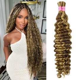 MSCATHY 4/27# Human Braiding Hair for Boho Braids 100g Color 4/27# Bulk Deep Wave Human Hair for Braiding Ombre Blonde Brown Highlight 100% Brazilian Human Hair 22inch for Boho Braids 12A