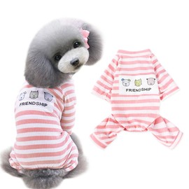 AmzBarley 犬 ロンパース パジャマ 春 秋 犬服 洋服 ストライプ 小型犬 中型犬 犬の服 ロンパース 四つの足 カバーオール 超柔らかい 通気性 可愛い ドッグウエア 洋服 シャツ ペット服 猫服 寝間着 部屋着 体掻き予防 抜け毛防止 虫除け お出かけ お散歩 ピンク