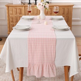 Blush White Plaid Gingham Ruffle Table Runner 72 inches Long 100% Washed Cotton Decorative Farmhouse Cabinet Cover (Blush, 72"x13")