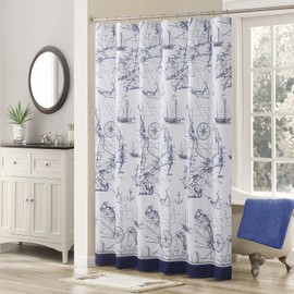 MVSUTA Aviation Blue Polyester Map Stripes White Beach Farmhouse Shower Curtain,Printed Ocean Waterproof Navy Fabric Coastal Modern Bathroom Curtains,72" W x 72" L