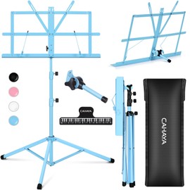 CAHAYA Portable Sheet Music Stand: Dual Use Desktop Book Holder Folding Lightweight Extra Stable Reinforced with Carrying Bag and Clip for Students Musicians Height Adjustable up to 54.3" CMS0204BL