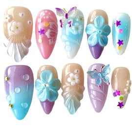 Handcrafted Press On Nails, Medium Almond, 3D Floral Butterfly Design, Pastel Purple Blue Pink with Gold Accents, Reusable Acrylic Thick False Nails (Purple, L)