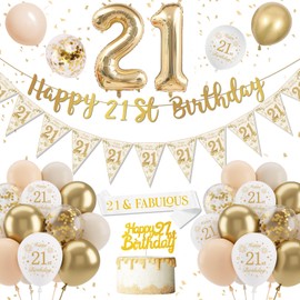 DJLLA 21st Birthday Decorations for Her, Sand White Gold Birthday Balloons, 21st Birthday Banner, 21st Birthday Balloons, Confetti Latex Balloons Cake Topper for Her 21st Birthday Party Decorations