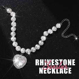 Ushiny Sparkly Crystal Heart Pedant Necklace Jewellery Silver Shiny Rhinestone Choker Necklaces Prom Neck Accessories for Women