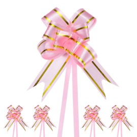 M METERXITY 100-Pack Ribbon Pull Bows, 2.56 Inch / 6.5cm Plastic Gold Edge Ribbon Bows for Gift Wrapping/Wedding/Flowers/Baskets Decorations, Satin Pull Bows [Light Pink Gift Bow]