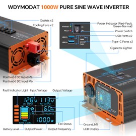 WDYMODAT 1000W Pure Sine Wave Inverter, Car Power Inverter 12V to 110V 120V, DC to AC Converter Generator with AC Outlets 3.0A USB Type-C, Remote Controller LCD Display Truck Inversor for Vehicles, RV