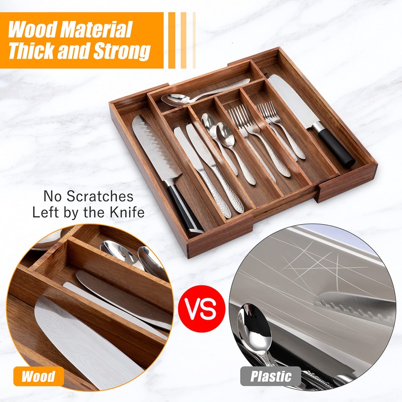 Bellsal Acacia Silverware Organizer Kitchen Drawer Organizer Expandable Bamboo Utensil