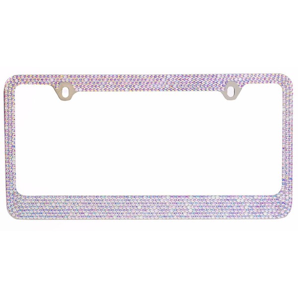 BLVD-LPF OBEY YOUR LUXURY Popular Bling 7 Row AB Aurora Borealis Color Crystal Metal Chrome License Plate Frame with Crystal Screw Caps - 1 Frame