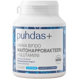 puhdas+ Strong Bifido Lactic Acid Bacteria + Glutamine [60 Vegan Capsules] High Dose Complex of Probiotics, Natural Vegan Complex, Made in Finland
