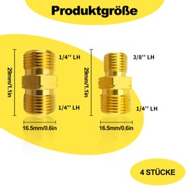 Messing Gasschlauch Verbinder Doppelnippel mit 2 Stück 1/4'' AG Links, 2 Stück 1/4" auf 3/8" Links AG, Kupplung Propan Acetylen Gasschlauch Adapter für Gas Rohrleitungen, DN8 X DN10 Außengewinde