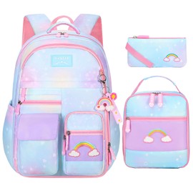 TLTUCI 3pcs Girls Backpack,Cute Rainbow School Backpack for Kids Children with Insulated Lunch Box Pencil Case Set (Blue-Medium 16.5in)