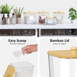 Vincona Laundry Room Organization and Storage, Laundry Pods Container and Dryer Sheet Holder with Bamboo Lids and Labels, Laundry Organizer with Scoops for Booster Beads, Powder, Pods, 3+1 Pack