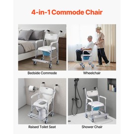 VEVOR Bedside Commode Chair with Wheels, 350 lbs Capacity, 4-in-1 Portable Toilet and Raised Toilet Seat with Padded Seat/Backrest/Flip-up Footrest, Detachable 5L Bucket, Shower Wheelchair for Seniors