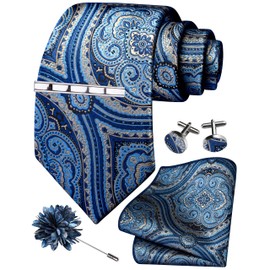 GUSLESON Blue Tie Set for Men Paisley Floral Wedding Silk Necktie Clip Pocket Square Cufflinks and Lapel Pin Brooch Set (5A01-29)