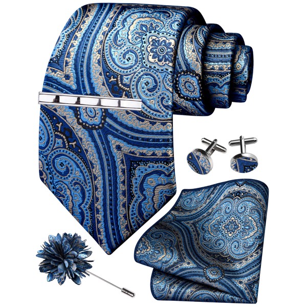 GUSLESON Blue Tie Set for Men Paisley Floral Wedding Silk
