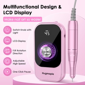 Professional Electric Nail Drill File, HUGMAPLE 45000RPM Portable E-File Machine with Bits & Base, Cordless Rechargeable Nail Drill Kit for Shaping, Removing & Polishing Gel Nails for Salon Home, Pink