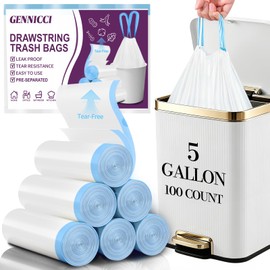 100 Count Small Drawstring Trash Bags, 5 Gallon Pre-separated Garbage Bags, Extra Thick Leak-proof Mini Wastebasket Liners for Bathroom, Office, Bedroom (White)
