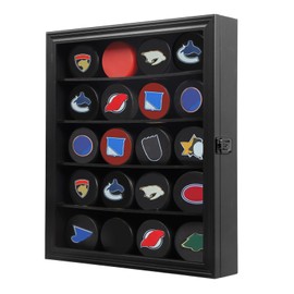 Mstrse 20 Hockey Puck Display Case - Puck Holder Wall Mount Cabinet Stand - Hockey Puck Shadow Box with Real Glass for Collection Hockey Puck, Large Black