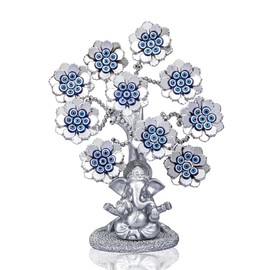 HDCRYSTALGIFTS Evil Eye Flowers Lucky Artificial Tree with Silver Ganesha Hindu Elephant God Statue Home Office Feng Shui Protection Ornament Sculpture Table Room Decor Gift
