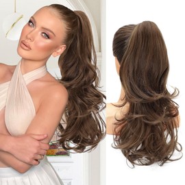 NAYOO Claw Clip Ponytail Extension Chestnut Brown 18" Long Wavy Ponytail Clip in Hair Extensions for Women Curly Natural Layered Pony Tails for Short Thin Hair Synthetic Hairpiece(Chestnut Brown)