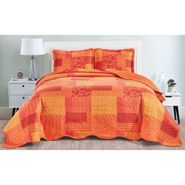 Masterplay 3-Piece Fine Printed Oversize (100" X 95") Quilt Set, Bedspread Coverlet Queen Size Bed Cover (Shades of Orange, Patchwork)