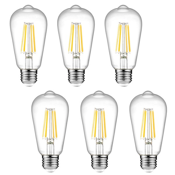 Ascher Dimmable Vintage LED Edison Bulbs, 6W, Equivalent 60W, 700lm, Warm White 2700K, 80+ CRI, ST58 Antique LED Filament Bulbs, E26 Medium Base, Clear Glass, Pack of 6