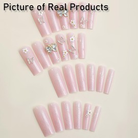 RUPOFUZA Long Press on Nails Square Fake Nails Pink Glitter False Nails with Diamond Silver Butterfly Flower Press ons Designs Acrylic Nails Press on Artificial Nails Stick on Nails for Women 24Pcs