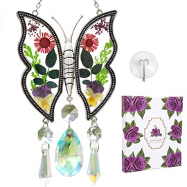Crystal Butterfly Sun Catcher, Real Flower Glass Colorful Crystal Pendant Carefully Crafted, Window Exquisite Pendant, Decoration, Family and Friends, Suitable for Any Scene Festival