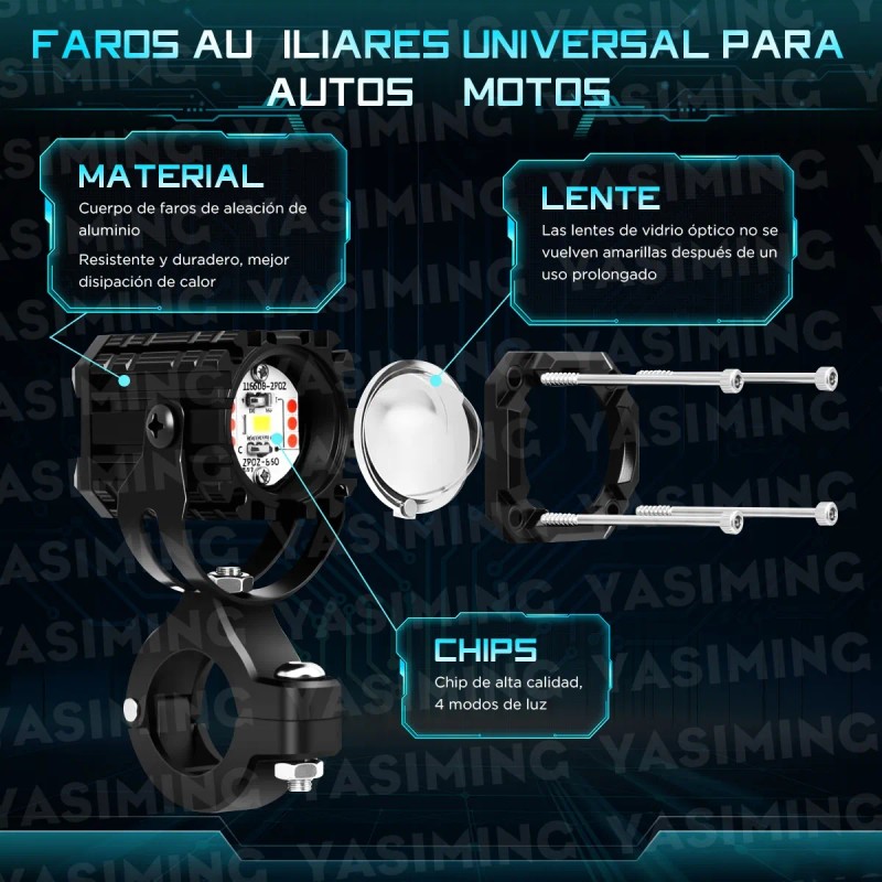 Nuevo 2 Faros Luces Led Auxiliares 4 Modos Lupa Estrobo