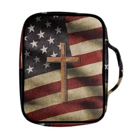 Suobstales Cross American Flag Print Bible Cover Bible Case for Women Men Lightweight Carrying Book Cover Church Bag Bible Protective Bag with Handle and Zippered Pocket