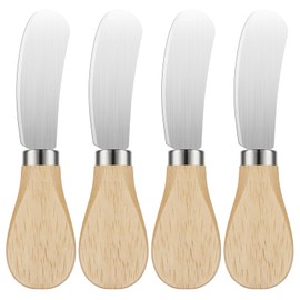 Ptwola 4 Pcs Cheese Spreader Set Wooden Handle Cheese Slicer Stainless Steel Mini Butter Knives Small Cocktail Cutter for Charcuterie Boards Cream Jam Sandwich Appetizers Condiments