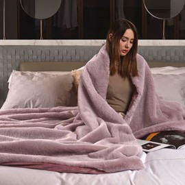 KAWAHOME Luxury Faux Fur Throw Blanket - Ultra Soft Fluffy Warm Heavy Winter Blanket, Fuzzy, Thick, Plush, Elegant Faux Rabbit Fur Blankets for Couch Bed Sofa Chair, 59x79 Inches, Heather Pink