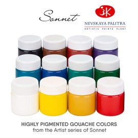Sonnet - High Quality Gouache Paint Set (12 x 40 ml) | Water-Based Gouache Paint Colours in 12 Magnificent Highly Pigmented Colours | Made by Nevskaya Palitra