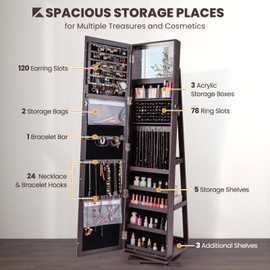 Byroce 360° Rotating Jewelry Organizer w/Full Length Mirror, Lockable Jewelry Armoire Cabinet, Large Storage Capacity, Inside Makeup Mirror, 3-Tier Rear Shelves, Standing Jewelry Holder (Espresso)